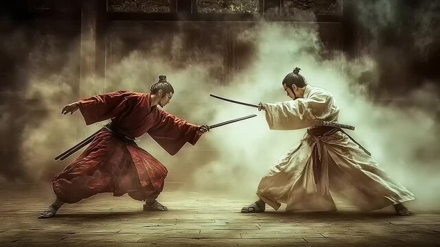Samurai Showdown: A dramatic duel between two skilled samurai warriors in a smoky ancient Japanese setting.