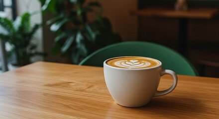 Obraz premium Aromatic Latte Art Coffee in a Cozy Cafe Setting, Enjoy a Delicious Drink on Wooden Table