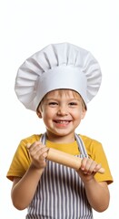 Happy little chef baking portrait: cute boy in chef hat with rolling pin, kids baking concept image