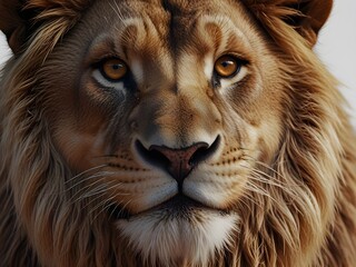 Close up portrait of a majestic lion with intense eyes and a full mane against a white background.