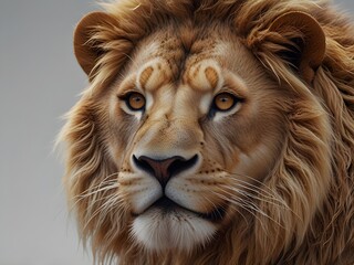 Close up portrait of a majestic lion with a golden mane, intense gaze, and powerful features.