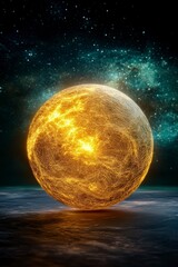 Glowing Golden Sphere in Cosmic Night Landscape