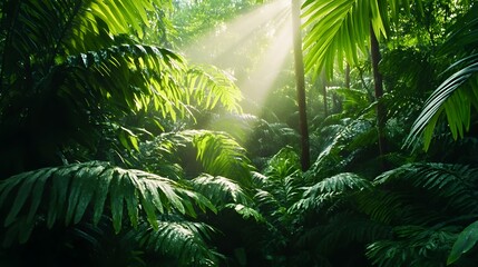 Lush rainforest with sunbeams breaking through the canopy