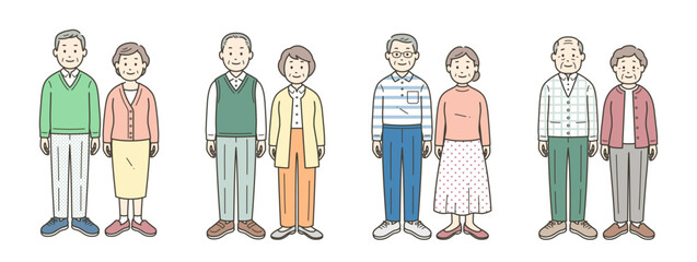 色々な服装の高齢夫婦のイラストセット

