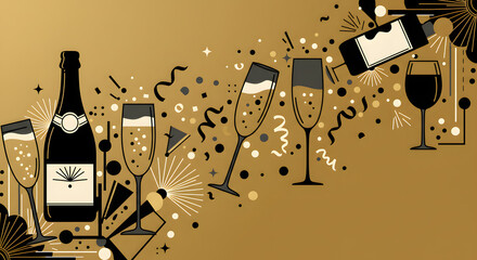 Lively assortment of bold line-art champagne celebrations. Geometric art deco flutes, confetti bursts, and bubbles with a Gatsby-era black-and-gold motif