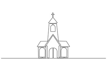 Continuous one line drawing of Church building. Single line drawing illustration of Church Catholic worship. Happy Ascension Day concept vector art. Doodle line illustration.