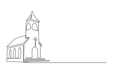 Continuous one line drawing of Church building. Single line drawing illustration of Church Catholic worship. Happy Ascension Day concept vector art. Doodle line illustration.