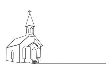 Continuous one line drawing of Church building. Single line drawing illustration of Church Catholic worship. Happy Ascension Day concept vector art. Doodle line illustration.
