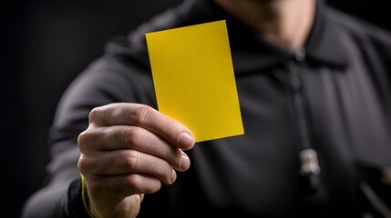 Referee showing a yellow card in a soccer game. The card signifies a caution given to a player for a rule infraction during the match.
