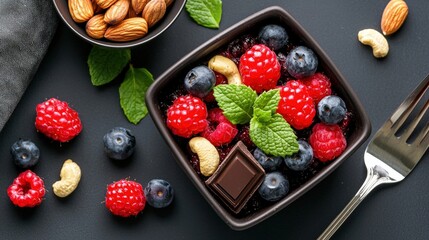 Fresh raspberries and blueberries arranged in a square bowl with dark chocolate and cashew nuts, garnished with mint leaves, on a dark surface, top view.