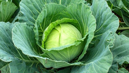 Obraz premium Cabbage's Organic Embrace: A close-up photograph of a fresh, organic cabbage, displaying its vibrant green leaves that create a sense of wholesome freshness.