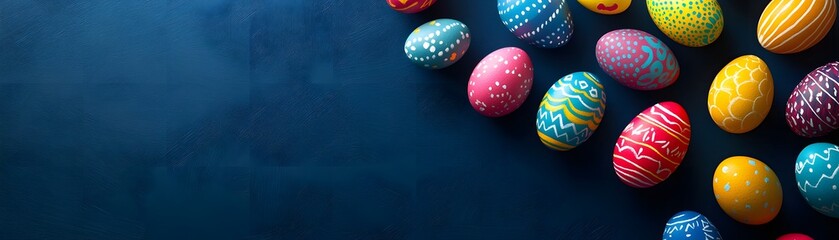 Fototapeta premium Vibrant colorful decorated eggs on a dark background.