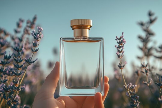 Flacon de parfum transparent dans un champ de lavande