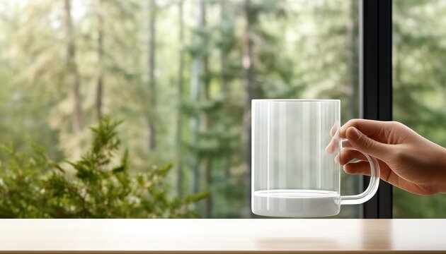 Main tenant une chope transparente pr&egrave;s d'une fen&ecirc;tre