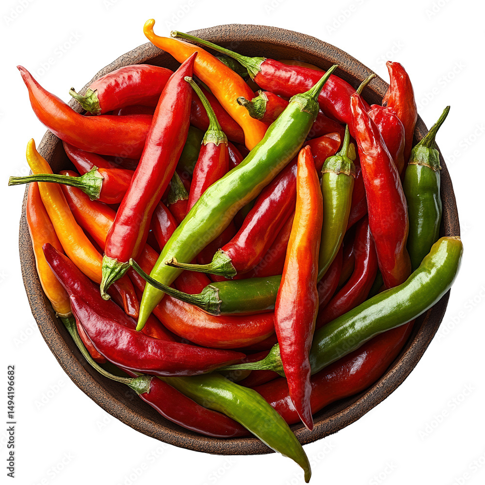 Aufkleber vibrant assortment of red and green bird eye chilies fills rustic bowl, showcasing their glossy text