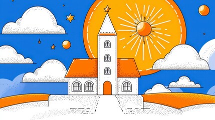 Illustration of a White Church with a Brown Roof Against a Bright Yellow Sun and Blue Sky