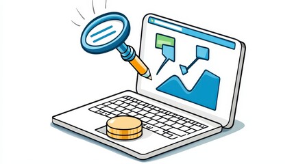 Illustration of Laptop with Graph Analysis and Magnifying Glass for Data Insights
