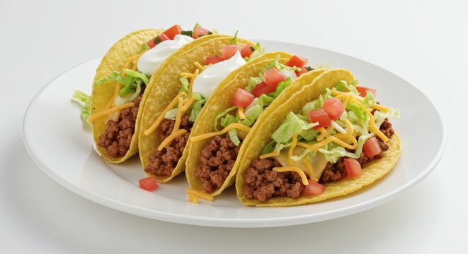 Delicious hard shell tacos with beef lettuce cheese tomatoes and sour cream on a white plate isolated