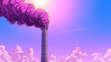 Industrial Chimney Emitting Purple Smoke Against Vibrant Sunset Sky