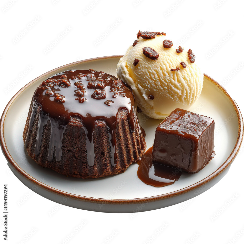 Aufkleber chocolate lava cake with vanilla ice cream and piece of chocolate fudge on plate, drizzled with rich