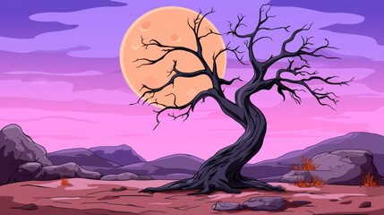 Lonely Gnarled Tree Under a Full Moon in a Desert Landscape at Dusk