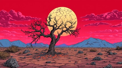 Lonely Tree Silhouetted Against a Vibrant Sunset in a Desert Landscape