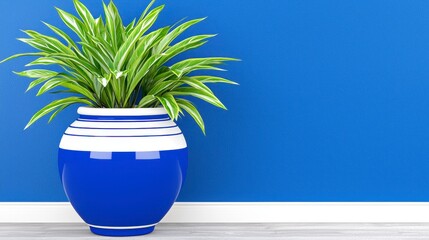 Lush Green Plant in a Blue Decorative Pot Against a Bright Blue Background