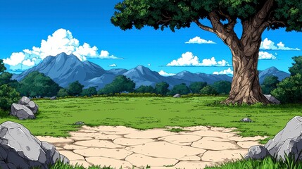 Lush Green Mountain Landscape with a Majestic Tree and Rocky Outcroppings Under Clear Blue Sky