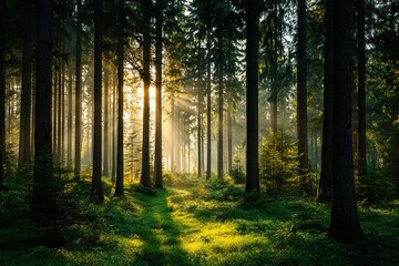 Fototapeta premium Golden Sunlight In Forest Path