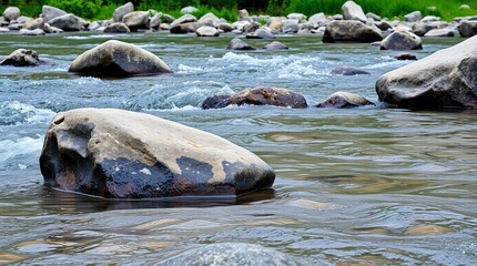 Fototapeta premium Riverside with stones and grass.