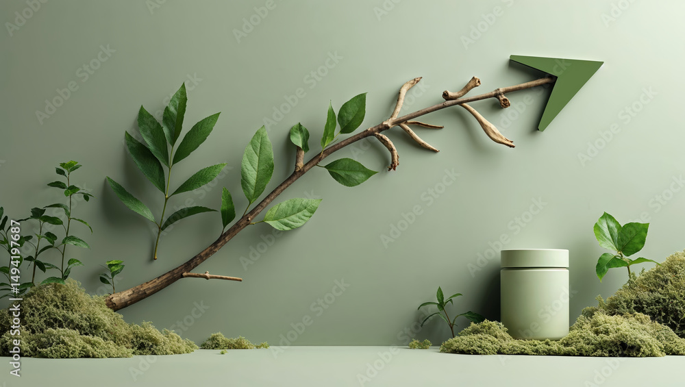 Poster natural elements create a modern arrangement with a branch, leaves, and a minimalist container on a 