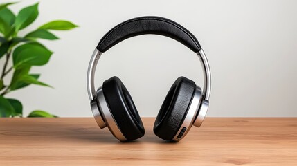 Wireless headphones are displayed on a wooden surface with a blurred green plant to the side against a neutral background offe a clean product shot look.