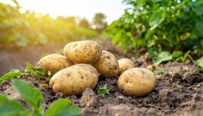 Potato Harvest: A closeup of freshly harvested potatoes resting on the fertile soil of a potato field. The warm golden glow of the setting sun bathes the scene in a warm light, highlighting the plump.