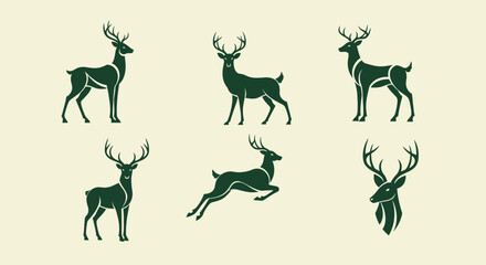 Six Stylized Deer Silhouettes Standing Leaping and Headshot