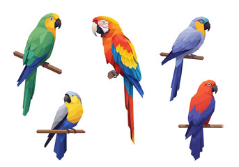 Colorful Low Poly Macaws Perched on Branches Vivid Plumage and Geometric Design