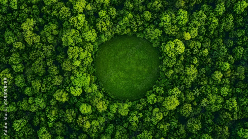 Poster overhead view of a circular forest clearing surrounded by dense trees