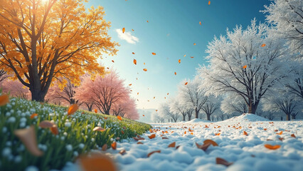 A scenic transition of seasons from autumn to winter with colorful falling leaves.