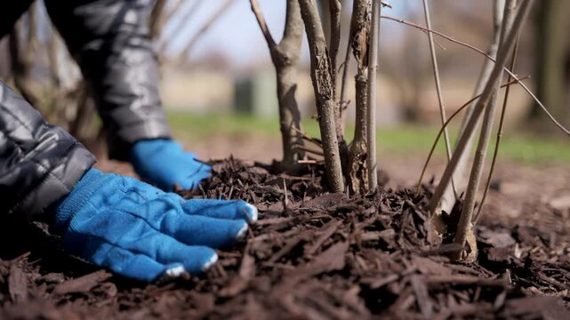 Gardener mulching with pine bark plants near the house. Seasonal works in the garden. Landscape design. Landscaping. 
