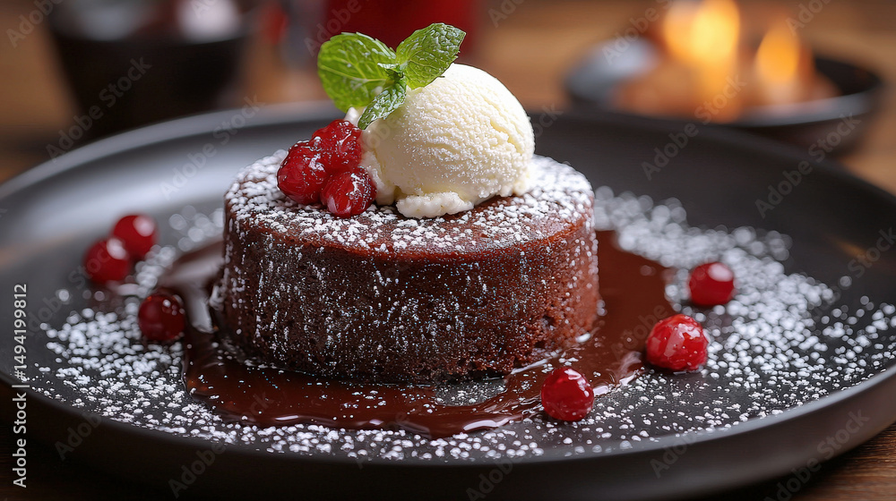 Poster decadent chocolate lava cake with gooey molten center is topped with scoop of vanilla ice cream and 