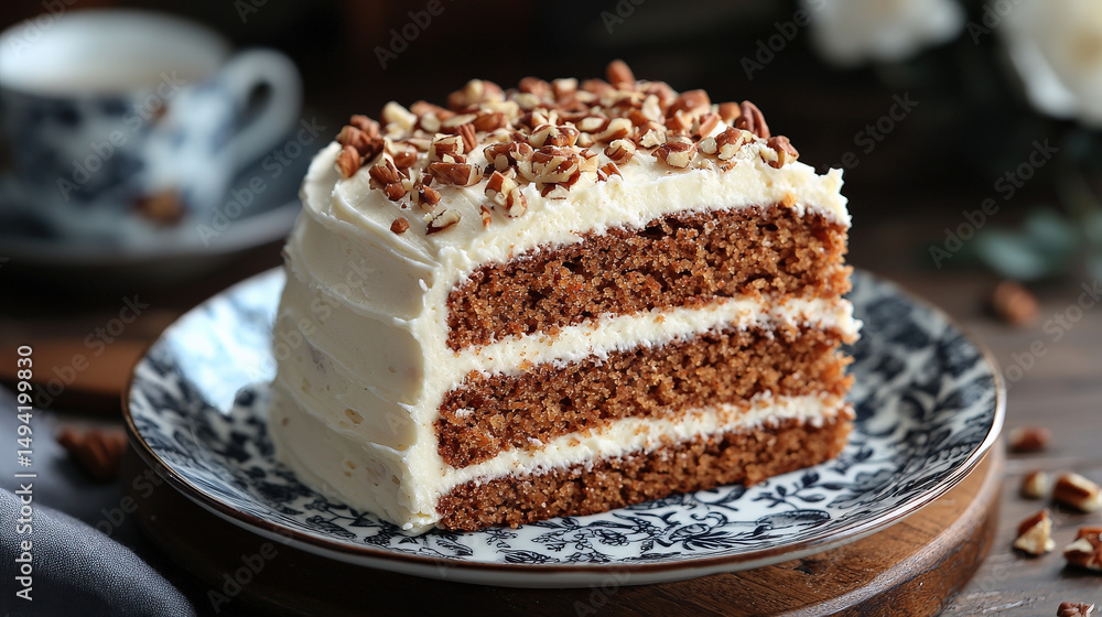 Poster slice of classic carrot cake with cream cheese frosting, topped with chopped pecans, sits on decorat