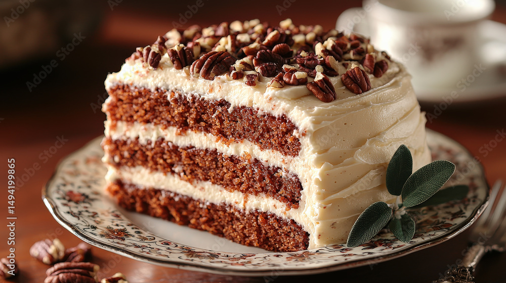 Poster slice of classic carrot cake with cream cheese frosting is topped with chopped pecans, creating rich
