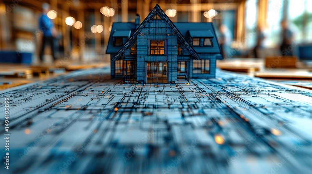 Poster detailed digital engineering blueprint features miniature house model, symbolizing architectural pla