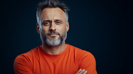 Obraz premium there is a man with a beard and an orange shirt posing for a picture