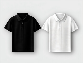 Naklejka premium Two polo shirts, one black and one white, are presented side-by-side against a neutral background, showcasing their design and texture, suitable for apparel presentation or design mockups