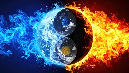 Yin and Yang Harmony:  A captivating visual representation of the balance between opposing forces, with swirling fire and water enveloping a globe-like yin and yang symbol.