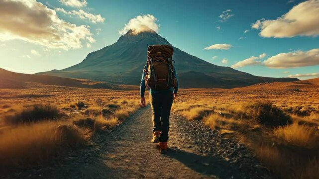 Adventurous Journey: A lone hiker with a backpack walks towards a majestic mountain under a vibrant sunset sky.