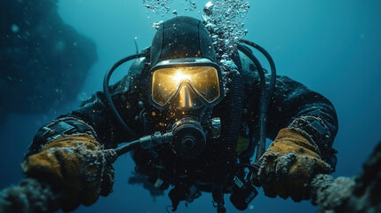 Scuba diver in wetsuit and helmet performs underwater welding on steel structure, surrounded by bubbles and deep blue water. scene is intense and focused