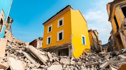 Destroyed residential area following a devastating earthquake