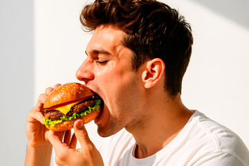 Hungry Man Taking a Big Bite of Juicy Cheeseburger