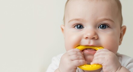 Baby smiling while chewing on a yellow teething toy indoors  